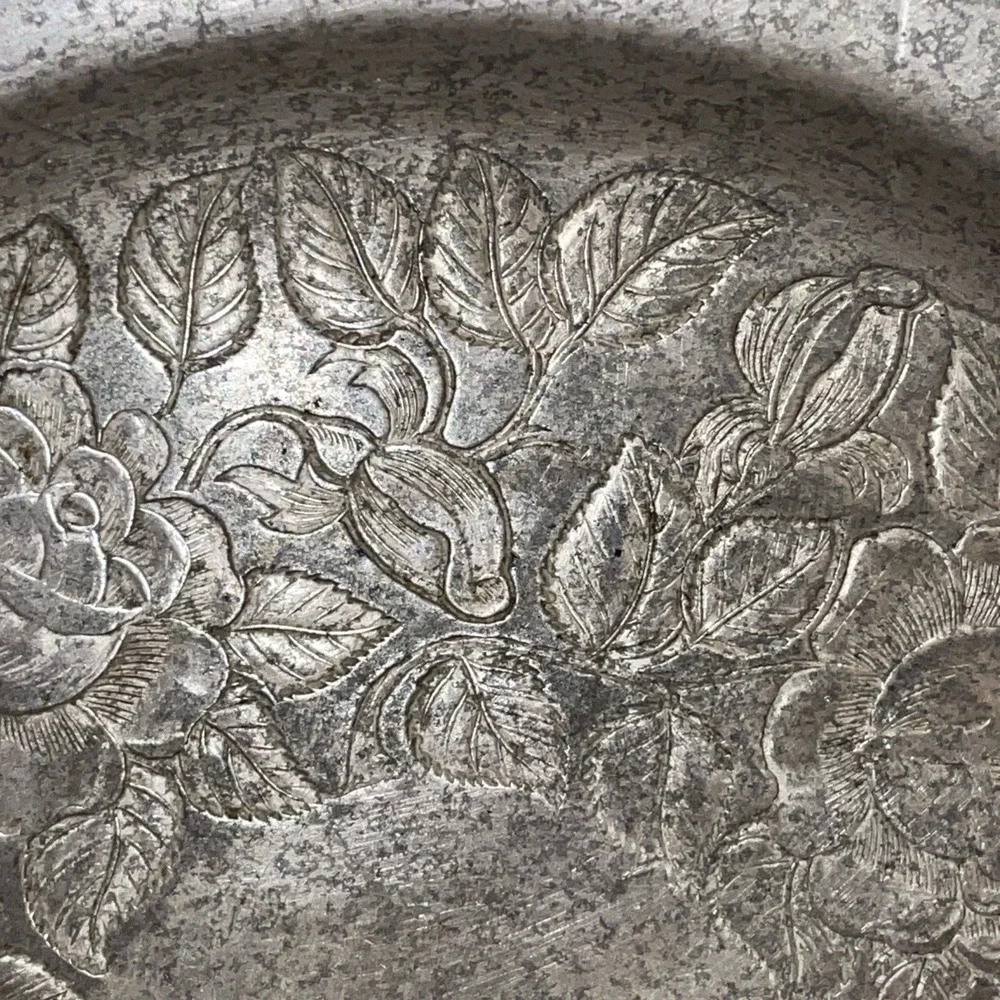 vintage hand-wrought hammered aluminum serving tray or‎ bowl Roses Leaves Detail